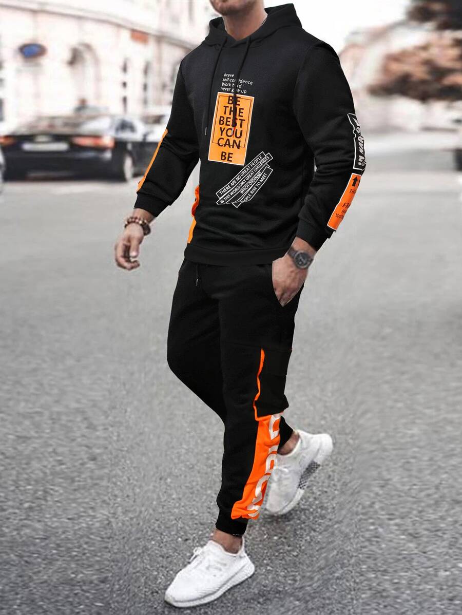 Manfinity LEGND Men Slogan Graphic Kangaroo Pocket Drawstring Hoodie & Joggers - Black - View 1