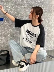 DAZY Slogan Graphic Contrast Raglan Sleeve Tee - Black - View 6