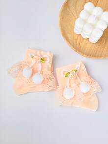 小女童蝴蝶結和絨球裝飾荷葉邊襪子 - 橘色 - 查看 2