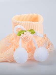 小女童蝴蝶結和絨球裝飾荷葉邊襪子 - 橘色 - 查看 3