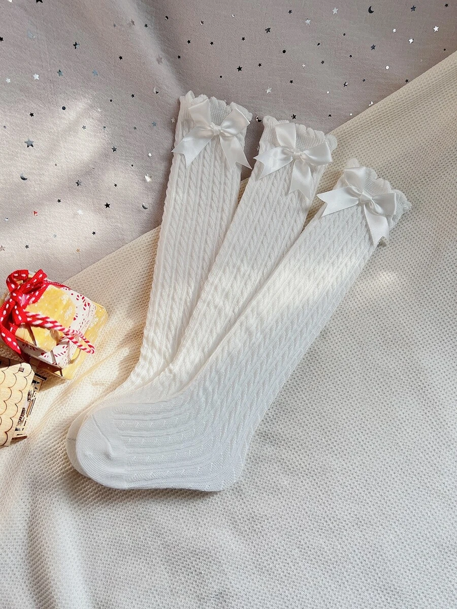 3 Pairs Girls' Solid Color Knee-high Socks With Bow For Daily Wear ...