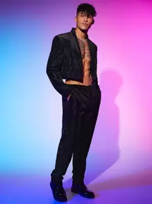 FeverCity Men Glitter Crop Blazer & Pants Suit Set