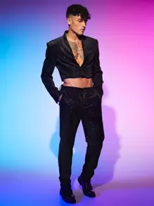 FeverCity Men Glitter Crop Blazer & Pants Suit Set