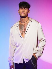 Manfinity RebelGame Men Solid Button Front Shirt - Beige - View 5