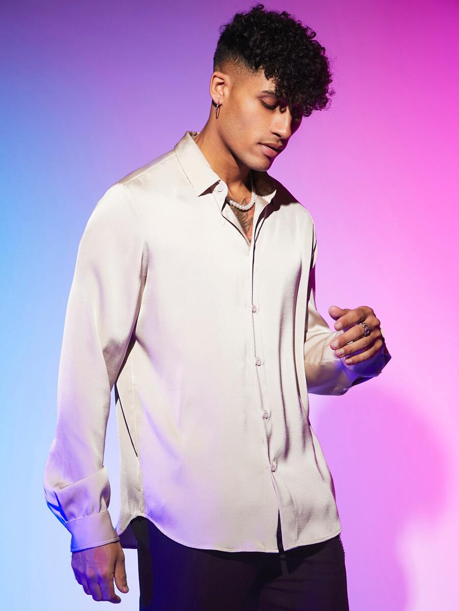 Manfinity RebelGame Men Solid Button Front Shirt - Beige - View 1