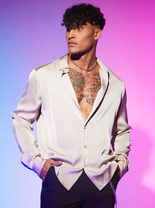 Manfinity RebelGame Men Solid Button Front Shirt - Beige - View 6