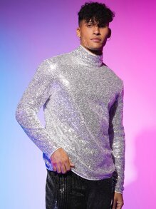 Manfinity RebelGame Men Mock Neck Sequin Tee - Silver - View 1
