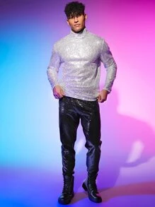 Manfinity RebelGame Men Mock Neck Sequin Tee - Silver - View 3
