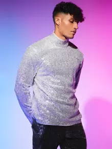 Manfinity RebelGame Men Mock Neck Sequin Tee - Silver - View 4