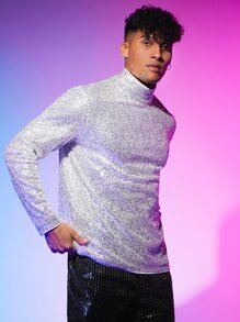 Manfinity RebelGame Men Mock Neck Sequin Tee - Silver - View 5
