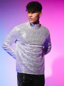 Manfinity RebelGame Men Mock Neck Sequin Tee - Silver - View 6