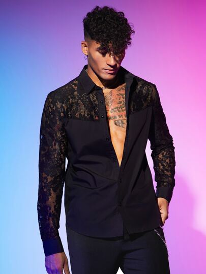 FeverCity Men Cotton Contrast Lace Button Front Shirt, Fall, Couple Things