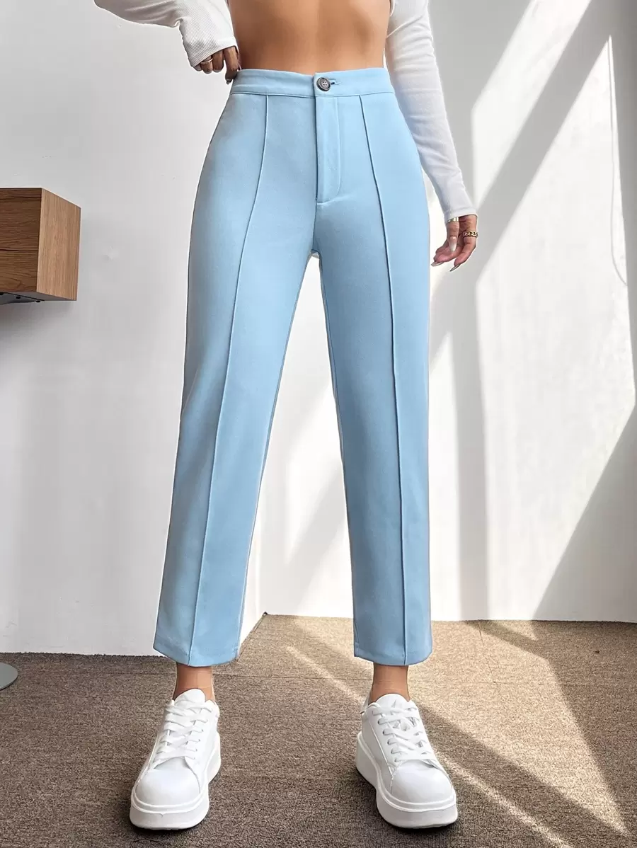 SHEIN PETITE High Waist Press Crease Tapered Trousers - Baby Blue - View 1