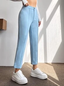 SHEIN PETITE High Waist Press Crease Tapered Trousers - Baby Blue - View 4