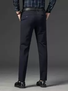 男士素色斜口袋定制西褲不附腰帶 - 藏蓝色 - 查看 3