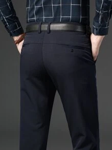 男士素色斜口袋定制西褲不附腰帶 - 藏蓝色 - 查看 4