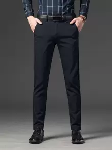 男士素色斜口袋定制西褲不附腰帶 - 藏蓝色 - 查看 1