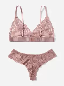 花朵蕾絲胸圍和內褲內衣套裝 - 藕粉色 - 查看 2