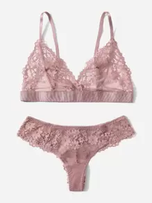 花朵蕾絲胸圍和內褲內衣套裝 - 藕粉色 - 查看 4