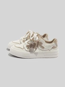 女士时尚休闲混色透气圆头平底运动鞋，适合日常穿着 - 白色 - 查看 2