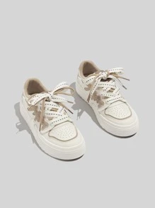 女士时尚休闲混色透气圆头平底运动鞋，适合日常穿着 - 白色 - 查看 4