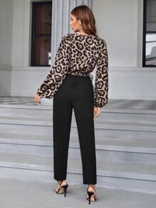 SHEIN Frenchy Leopard Print Lantern Sleeve Belted Shirt Jumpsuit Winter Elegant Cheetah Spring - Multicolor - View 2