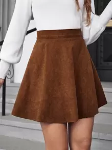 Serisse 纯色灯芯绒喇叭 A 字裙棕色 - 棕色 - 查看 3