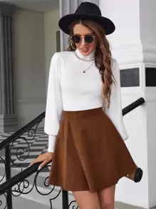 Serisse 纯色灯芯绒喇叭 A 字裙棕色 - 棕色 - 查看 4