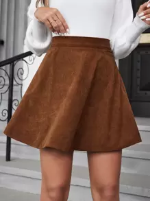 Serisse 纯色灯芯绒喇叭 A 字裙棕色 - 棕色 - 查看 5