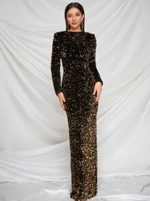 Faeriesty 小高領下擺開叉亮片連衣裙 - 巧克力棕 - 查看 6