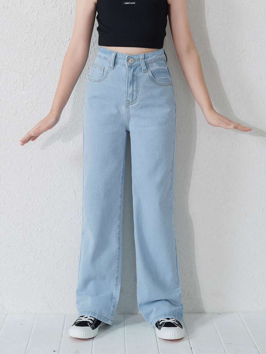 少女Y2K 街頭休閒彈性腰直筒牛仔褲，平口袋設計，少女日常穿搭 - 淺色水洗藍 - 查看 1