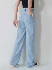 少女Y2K 街頭休閒彈性腰直筒牛仔褲，平口袋設計，少女日常穿搭 - 淺色水洗藍 - 查看 2