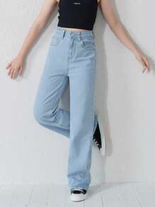 少女Y2K 街頭休閒彈性腰直筒牛仔褲，平口袋設計，少女日常穿搭 - 淺色水洗藍 - 查看 3