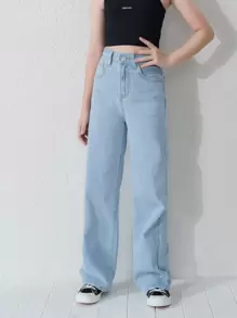 少女Y2K 街頭休閒彈性腰直筒牛仔褲，平口袋設計，少女日常穿搭 - 淺色水洗藍 - 查看 5