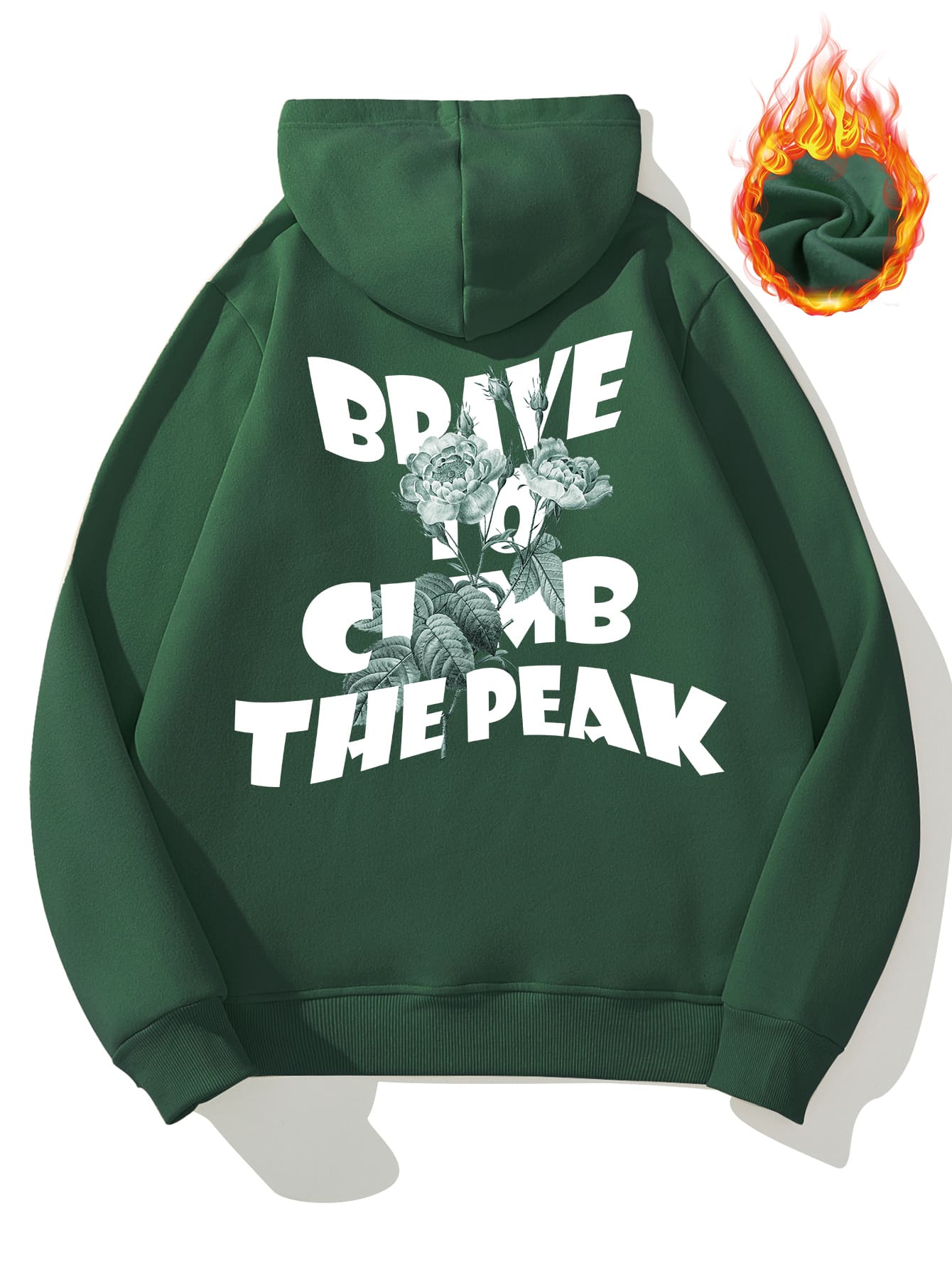 Manfinity Men Slogan & Floral Print Kangaroo Pocket Drawstring Thermal Hoodie - Dark Green - View 1