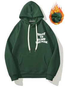 Manfinity Men Slogan & Floral Print Kangaroo Pocket Drawstring Thermal Hoodie - Dark Green - View 2