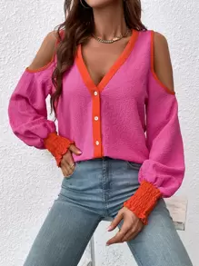 Contrast Piping Shirred Cuff Cold Shoulder Blouse - Pink - View 1