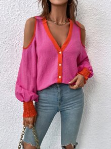 Contrast Piping Shirred Cuff Cold Shoulder Blouse - Pink - View 3