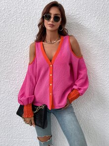 Contrast Piping Shirred Cuff Cold Shoulder Blouse - Pink - View 5