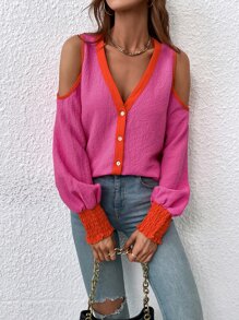 Contrast Piping Shirred Cuff Cold Shoulder Blouse - Pink - View 6