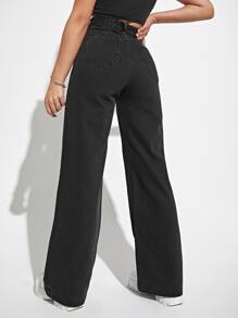 SHEIN Tall 高腰洗水前袋直筒牛仔裤 - 黑色 - 查看 2