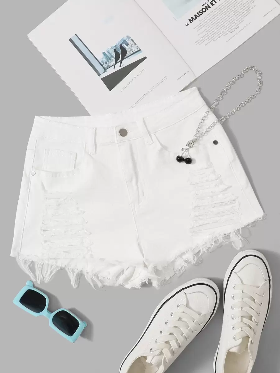 Shorts en mezclilla desgarro ribete sin dobladillo - Blanco - Ver 1