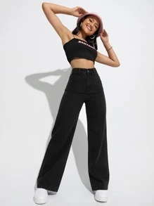 SHEIN Tall 高腰洗水前袋直筒牛仔裤 - 黑色 - 查看 5