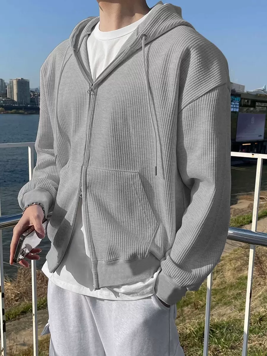 DAZY Hombres Capucha de dos usos cremallera de hombros caídos con cordón - Gris - Ver 1