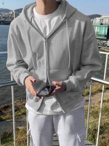 DAZY Hombres Capucha de dos usos cremallera de hombros caídos con cordón - Gris - Ver 3