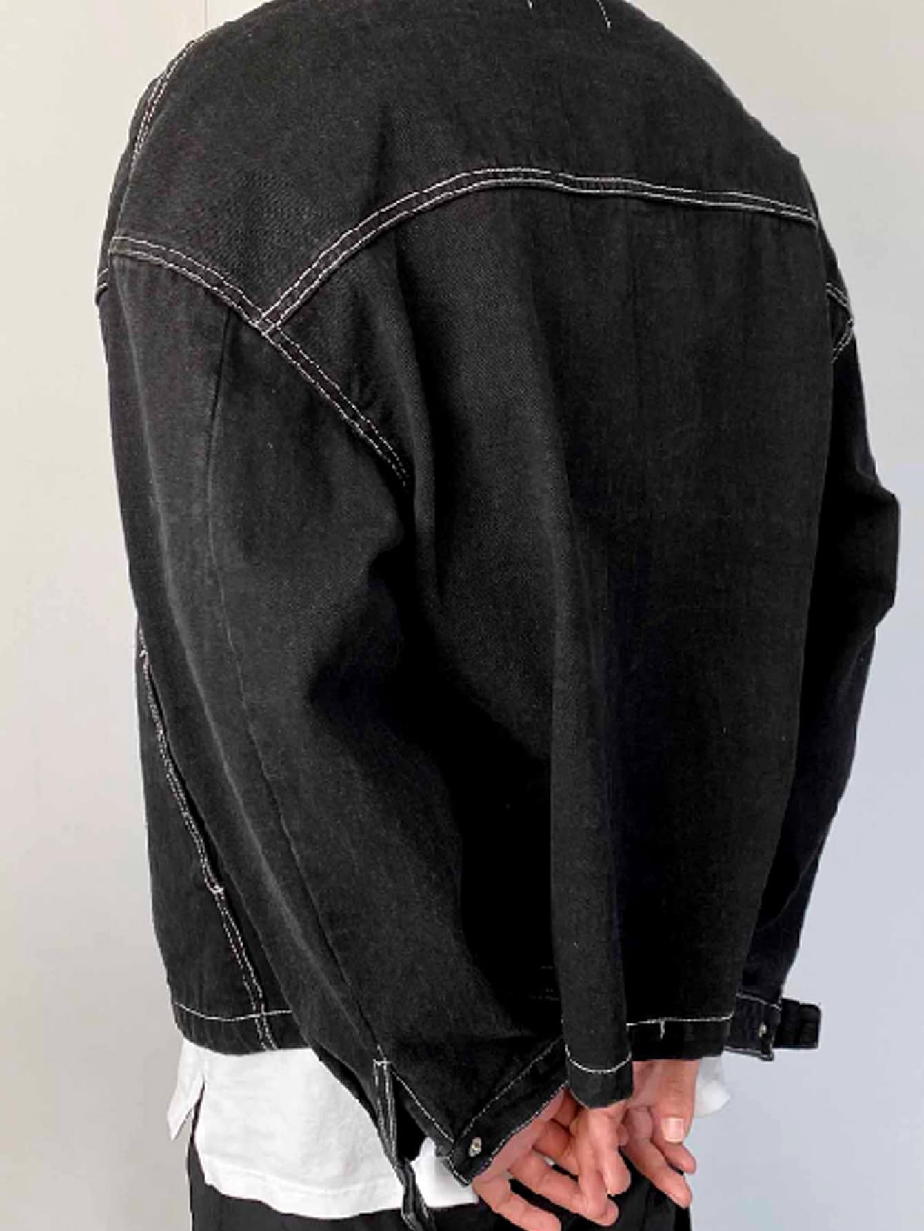 Men Cotton Drop Shoulder Top-Stitching Denim Jacket,Fall Clothes,Back To School Clothes