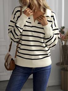 SHEIN Frenchy Striped Pattern Drop Shoulder Jumper - Apricot - View 4