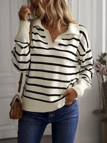 SHEIN Frenchy Striped Pattern Drop Shoulder Jumper - Apricot - View 5