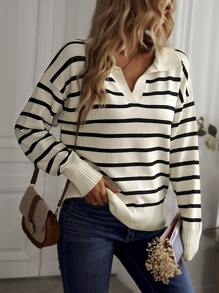 SHEIN Frenchy Striped Pattern Drop Shoulder Jumper - Apricot - View 6