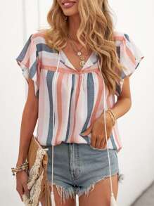 Breezaya 條紋圖案繫帶領蝴蝶袖襯衫 - 彩色 - 查看 1